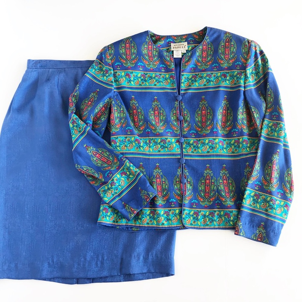 Adrianna Papell Blue Paisley Print Jacket and Skirt Set
